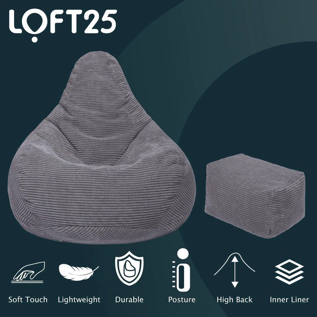 Highback Zitzak Stoel incl. Poef Corduroy Stof - Charcoal