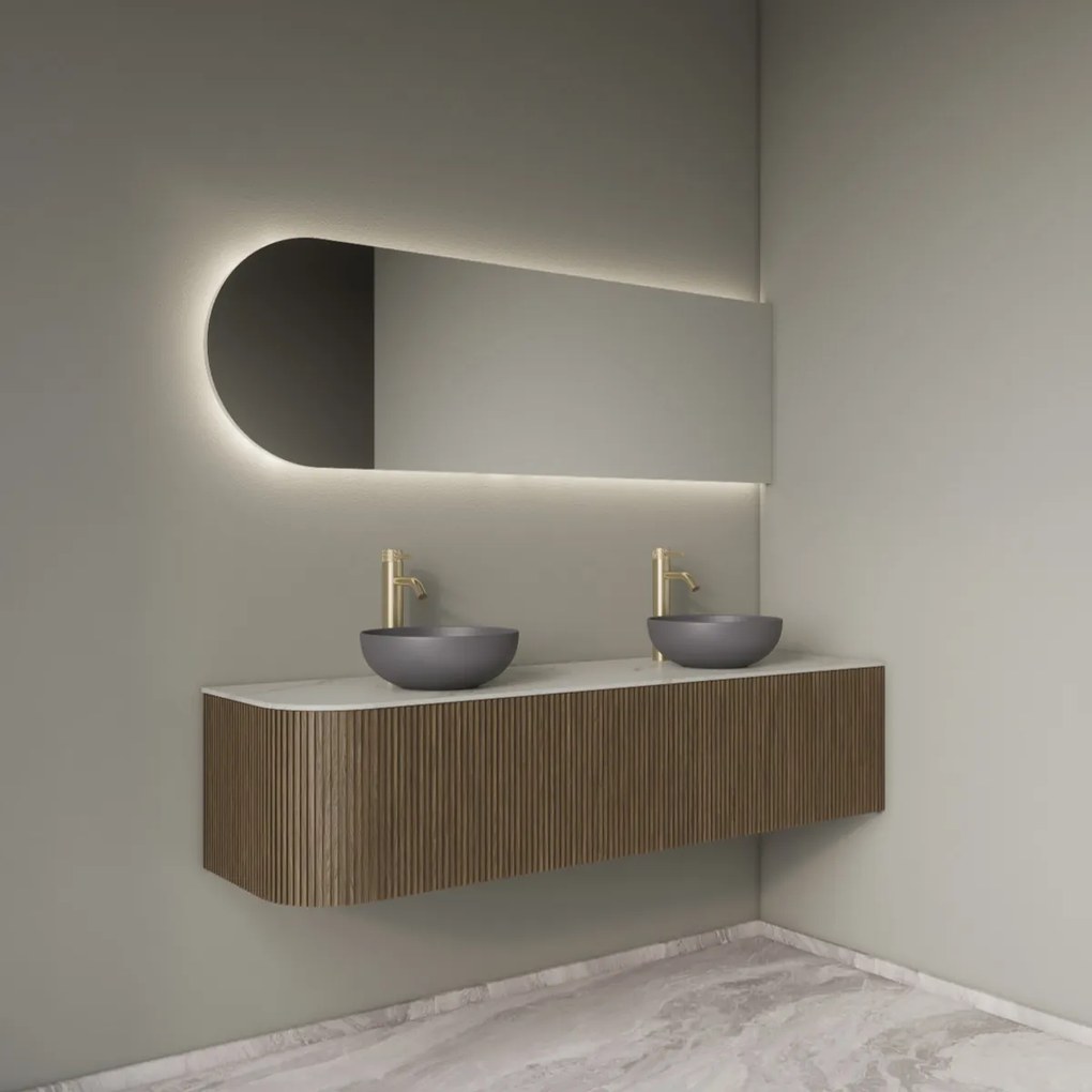 Gliss Design Alluro badmeubel ribbelfront met ronding links 160cm ash grey en wit marmer toppaneel