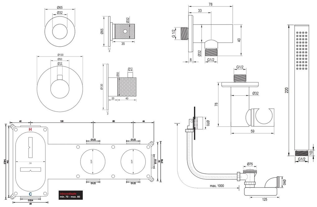 Brauer Brushed Carving inbouw badkraan met badvulcombinatie en staafhanddouche RVS geborsteld PVD