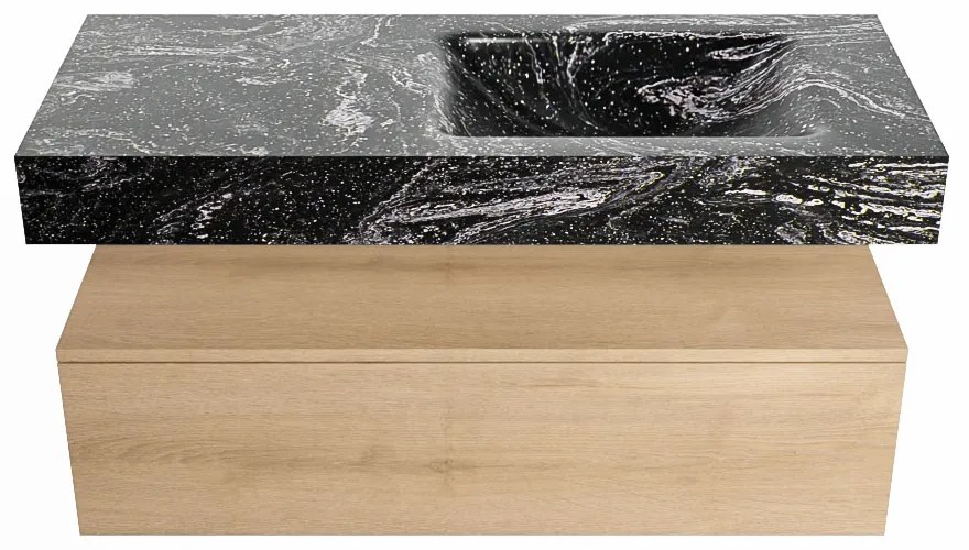 Mondiaz Alan DLux badmeubel 110cm washed oak 1 lade met wastafel lava rechts 1 kraangat