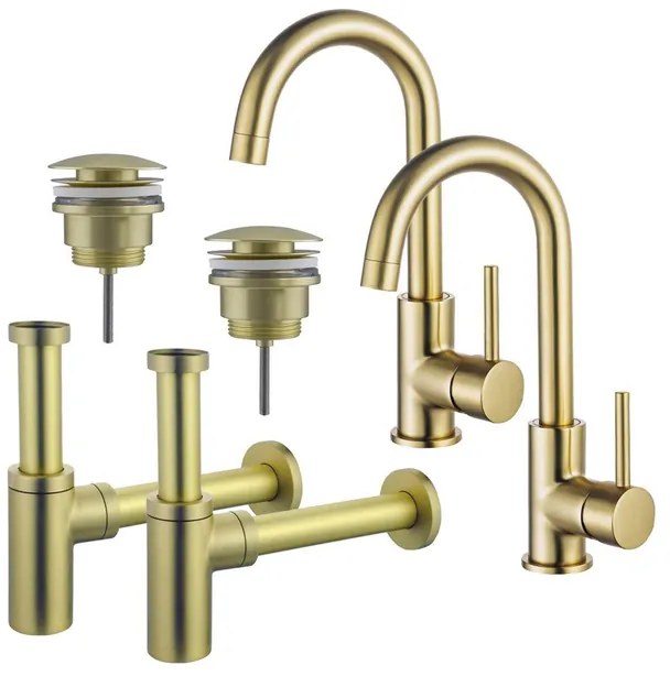 Fortifura Calvi Wastafelkraanset - voor dubbele wastafel - hoge wastafelkraan - draaibare uitloop - klikwaste plug - design sifon - Geborsteld Messing PVD (Goud) 2x SW809349/2x SW696202/2x SW696213