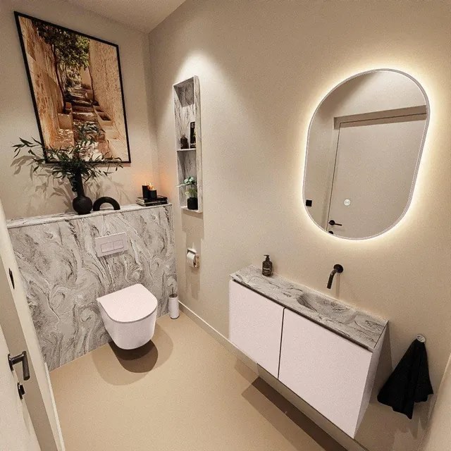 MONDIAZ TURE-DLUX 80cm toiletmeubel Rosee. EDEN wastafel Glace positie rechts. Zonder kraangat. TUREDX80ROSR0GLA