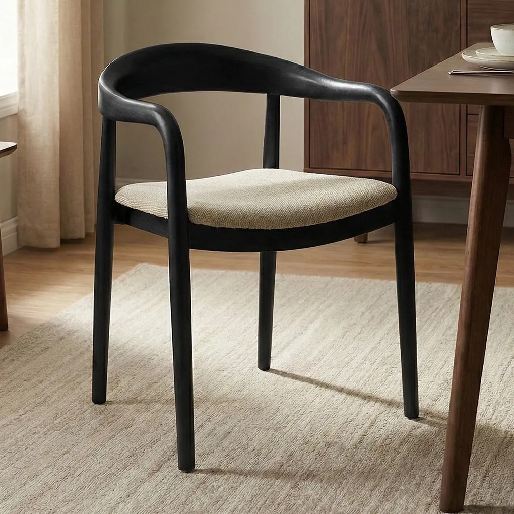 Eetkamerstoel Zwart Hout Met Creme Zitting