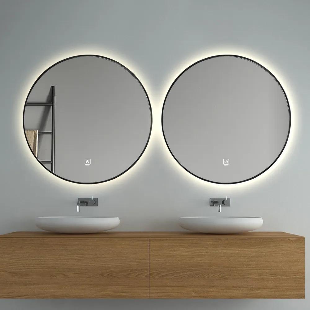 Set van 2 Saniclear Circle Black ronde spiegel met LED verlichting 70cm incl. spiegelverwarming mat zwart
