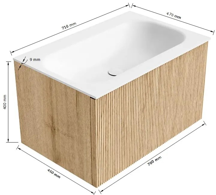Mondiaz Kurve 70cm badmeubel walnut met 1 lade en wastafel big small midden 1 kraangat urban