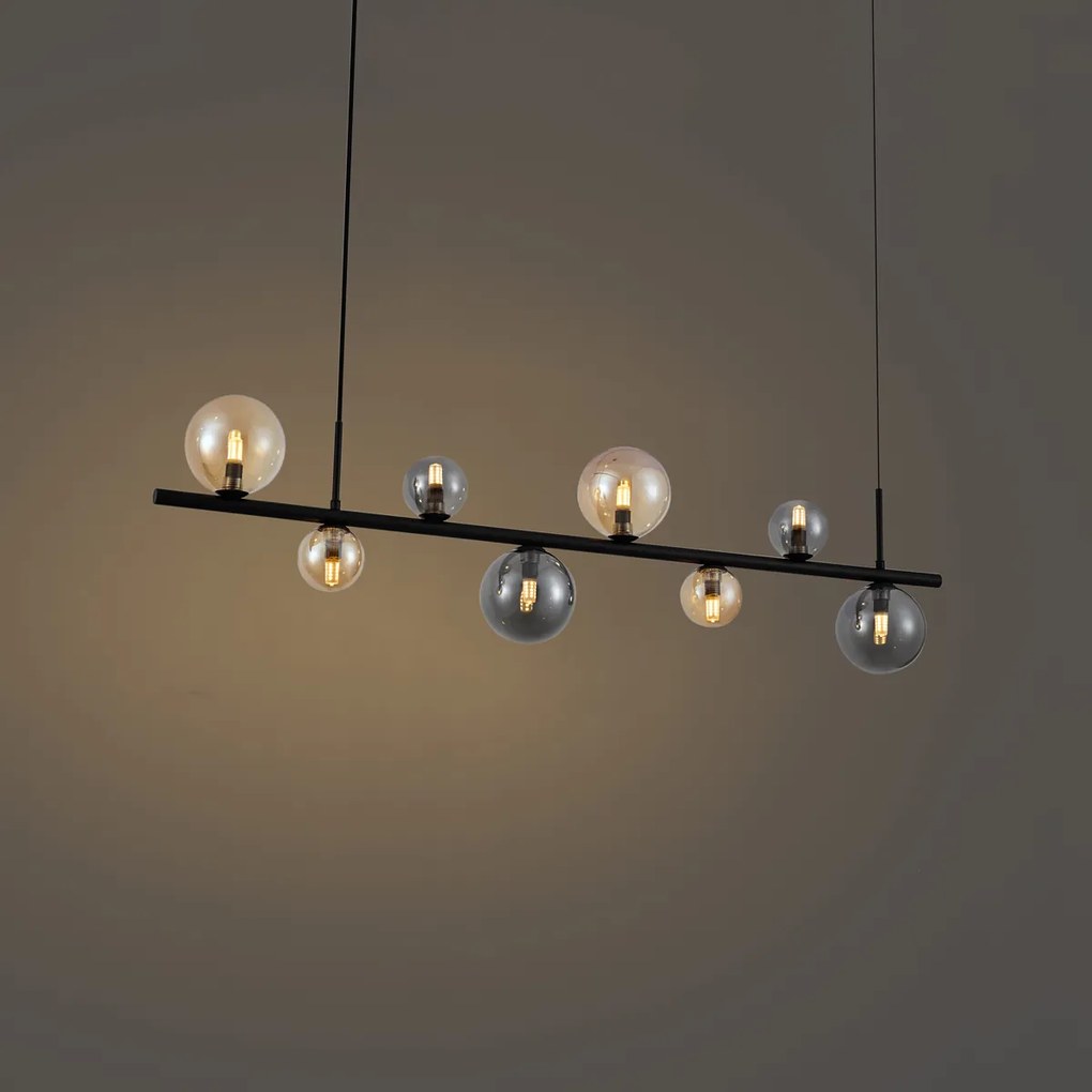 Hanglamp zwart met smoke en amber glas langwerpig 8-lichts - Monaco