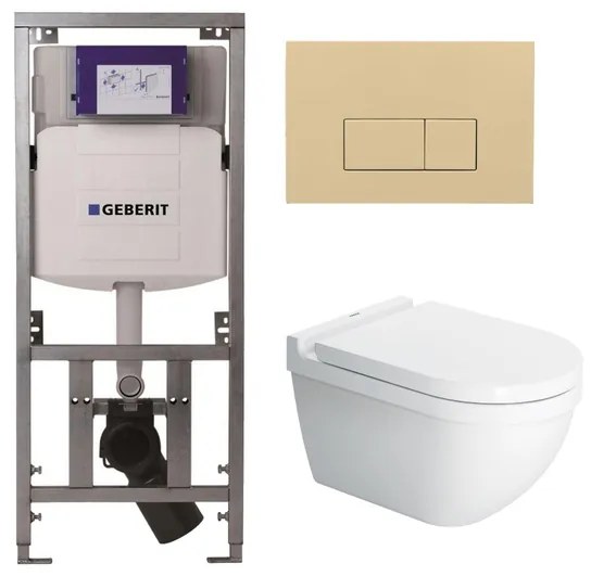 Duravit Starck 3 toiletset met Geberit inbouwreservoir toiletzitting met Saniclass softclose zitting en QeramiQ bedieningsplaat beige met rechthoekige knoppen wit SW729015/0701131/ga69956/SW1102366