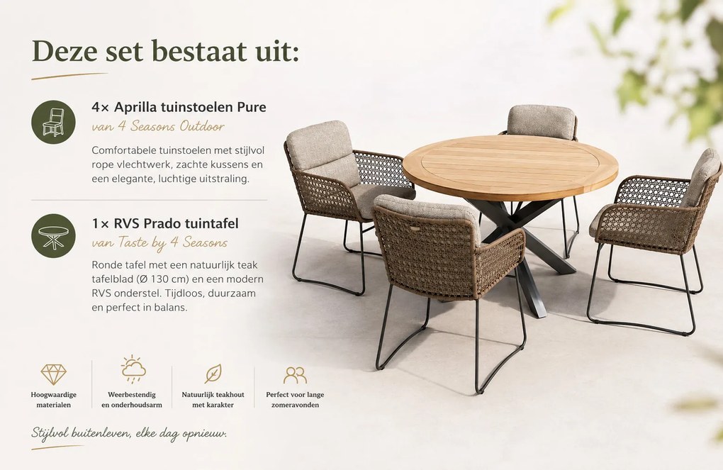 4 Seasons Outdoor Aprilla tuinset pure met Prado tafel antraciet met teak blad Ø 130 cm * Sale * Tuinset   houtkleur weerbestendig