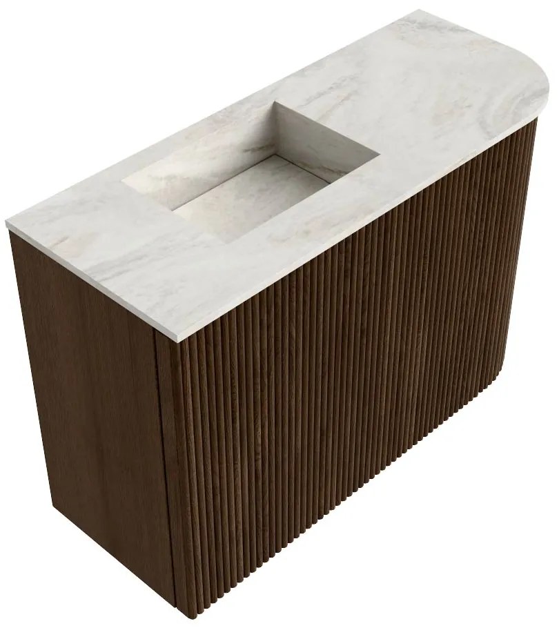 Mondiaz Joya DLux 60cm toiletmeubel ronding rechts walnut met wastafel faye links zonder kraangat ostra