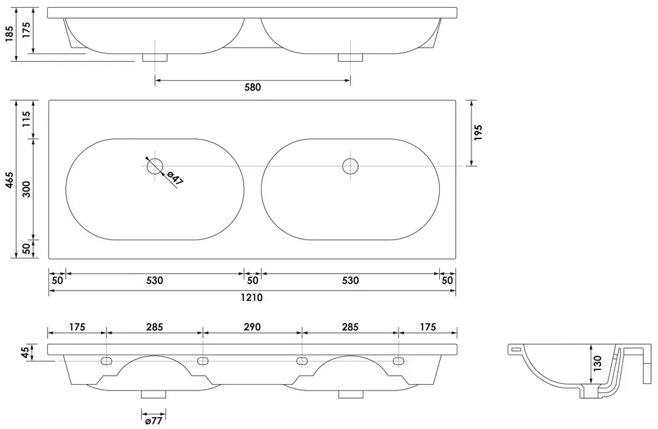 Brauer Moon dubbele wastafel keramiek 120cm zonder kraangat wit glans