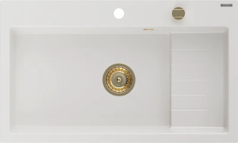 Mexen Omar granieten gootsteen 1-komorige 800 x 480 mm, wit, gouden sifon - 6520801005-20-G