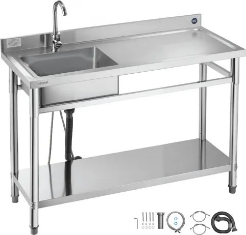 VEVOR RVS spoelbak (120 x 50 x 94 cm), enkele kom met kraan en plank, keukengootsteen voor garage, restaurant, wasruimte, buitenwasbak met werkblad (rechts)
