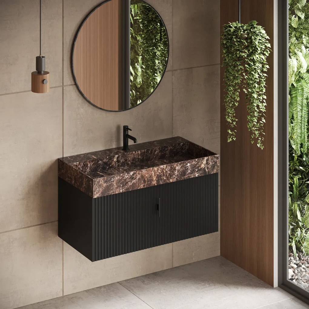 Muebles Zahora badmeubel ribbelfront 100cm zwart mat met Dark Emperador wastafel met kraangat