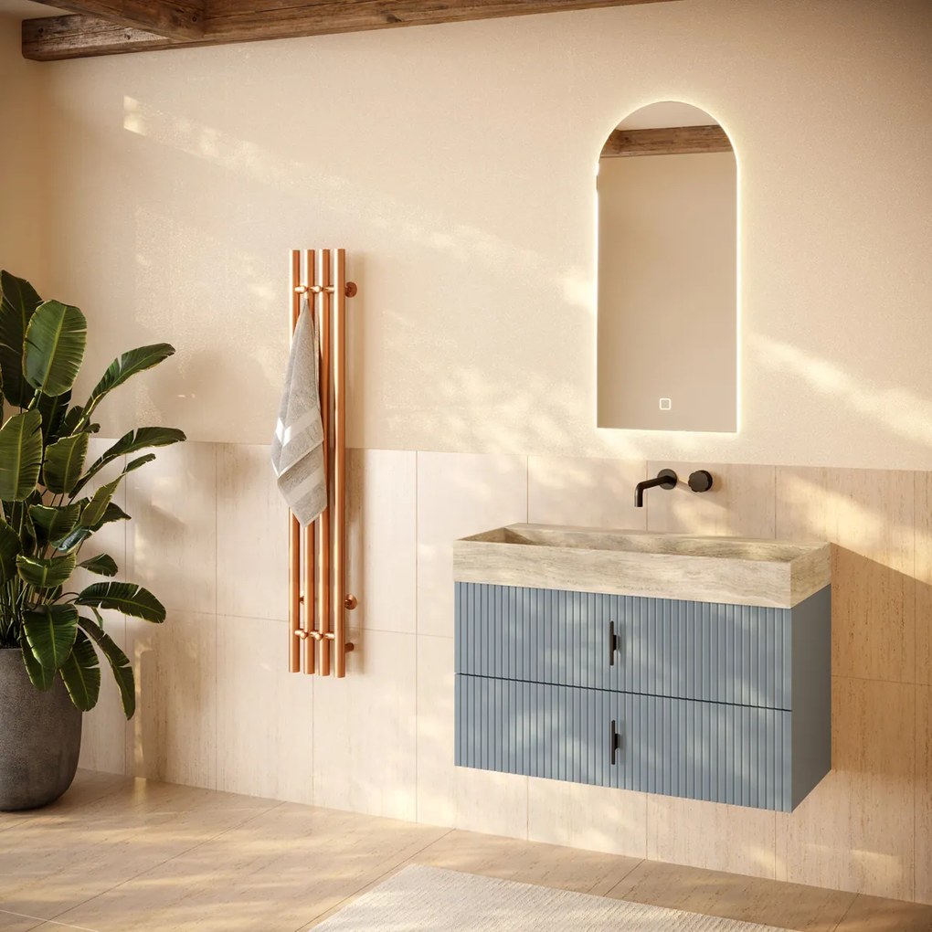 Muebles Murcia badmeubel ribbelfront 100cm baby blauw met White Travertin wastafel zonder kraangat