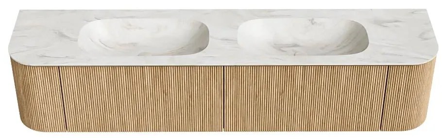 Mondiaz Kurve-dlux 200cm badmeubel ronding links/rechts oak met 2 lades en deuren en wastafel stor small dubbel zonder kraangat ostra