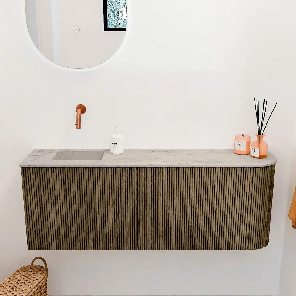 Mondiaz Joya DLux 110cm toiletmeubel ronding rechts dusk met wastafel faye links zonder kraangat glace