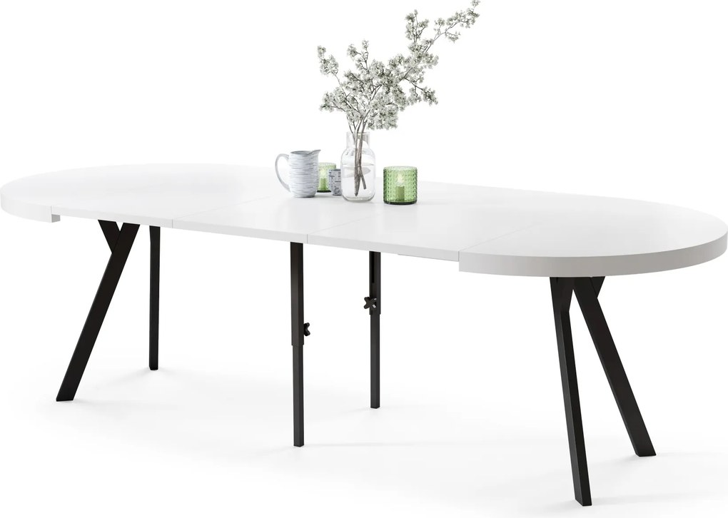 EXPANSO Wit mat/zwarte poten - GROTE RONDE TAFEL Ø110 UITBREIDBAAR TOT 310 cm met Y-POTEN LOFT/INDUSTRIAL