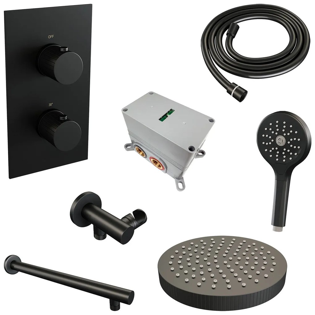 Brauer Stripe inbouw regendouche met 25cm hoofddouche, rechte muurarm en 3 standen handdouche set 16 zwart mat
