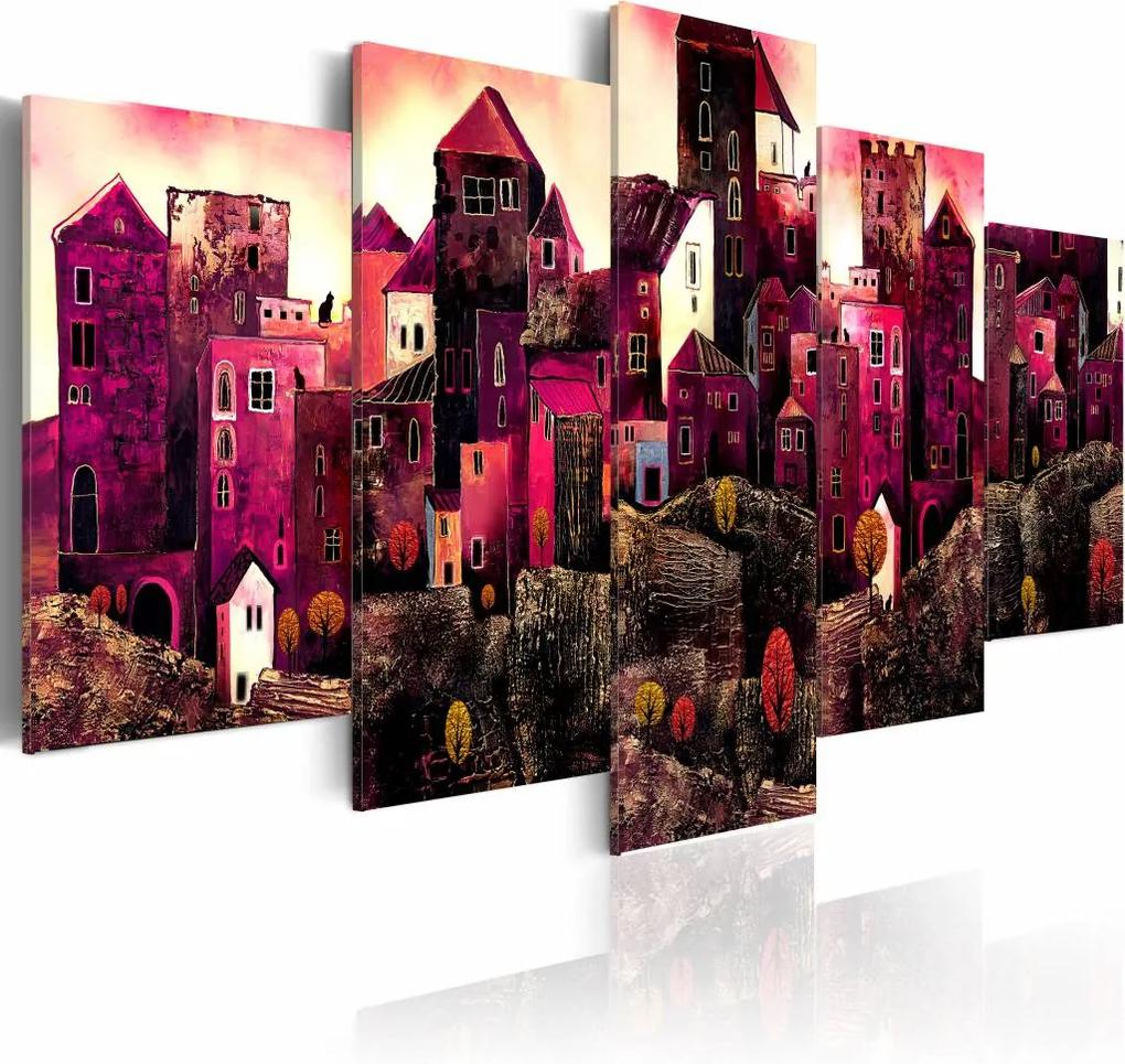 Schilderij - Stad van dromen, Roze,  5luik