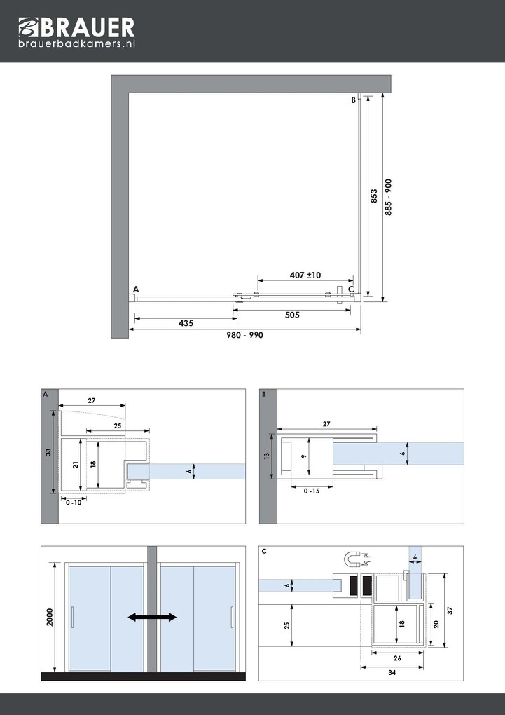 Brauer Season douchecabine met schuifdeur 100x90cm RVS