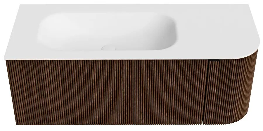 Mondiaz Kurve 115cm badmeubel ronding rechts walnut met 1 lade en deur en wastafel big small links zonder kraangat
