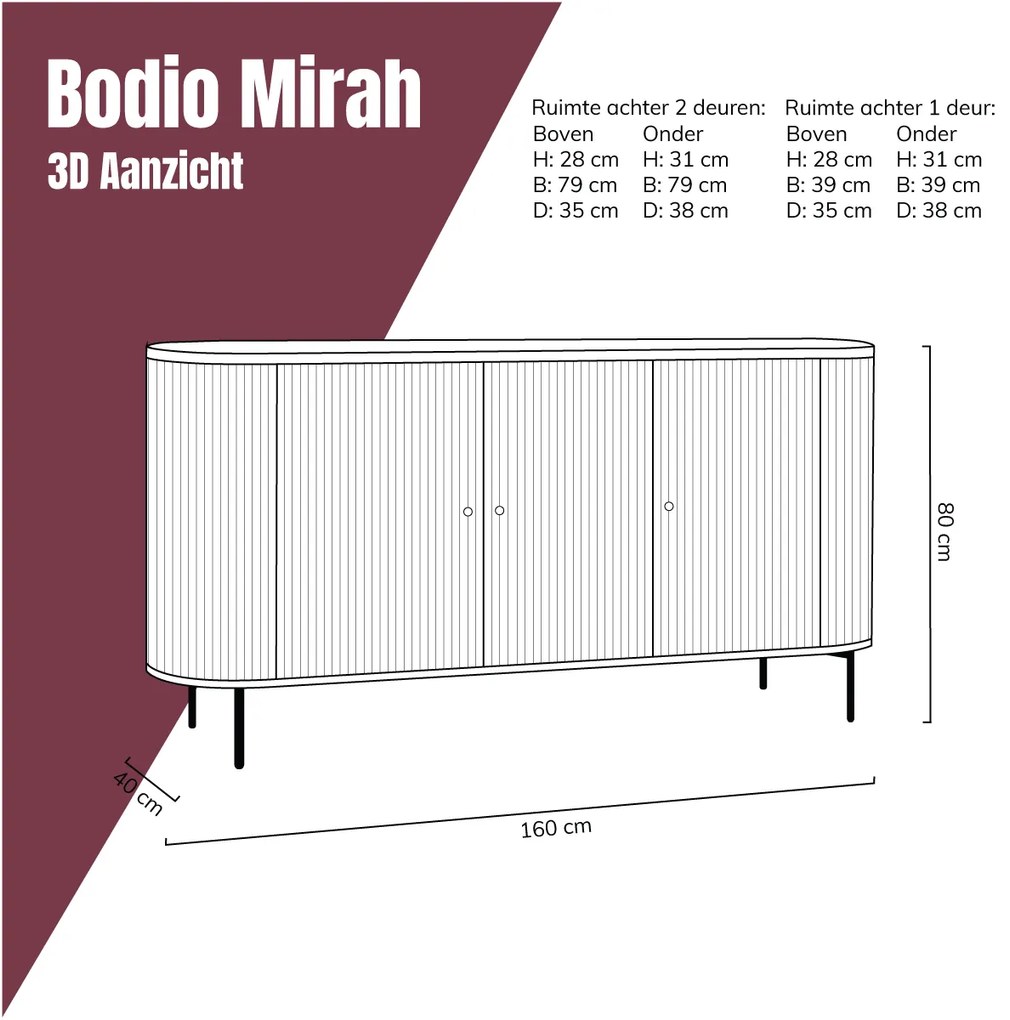 Ovaal Dressoir Hout Met Ribbels - 160x40x80cm.