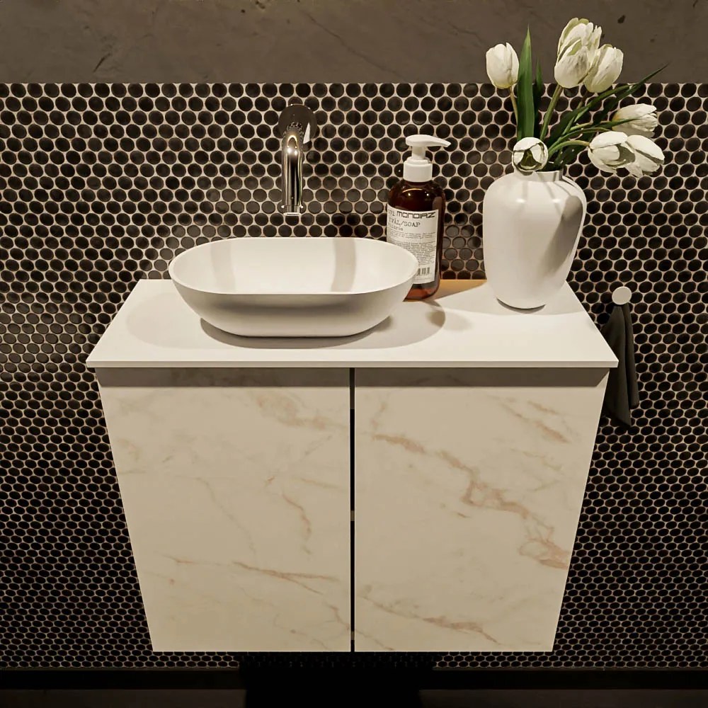 Mondiaz Fowy toiletmeubel 60cm Carrara met witte waskom links zonder kraangat