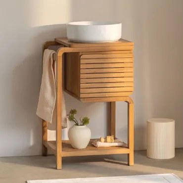 Bradley Teakhouten Badkamermeubelset Rond Keramiek Wit Ø40 Cm Lenka & Spiegelloze & Zonder Kraan & ↔︎ 50 Cm - Sklum