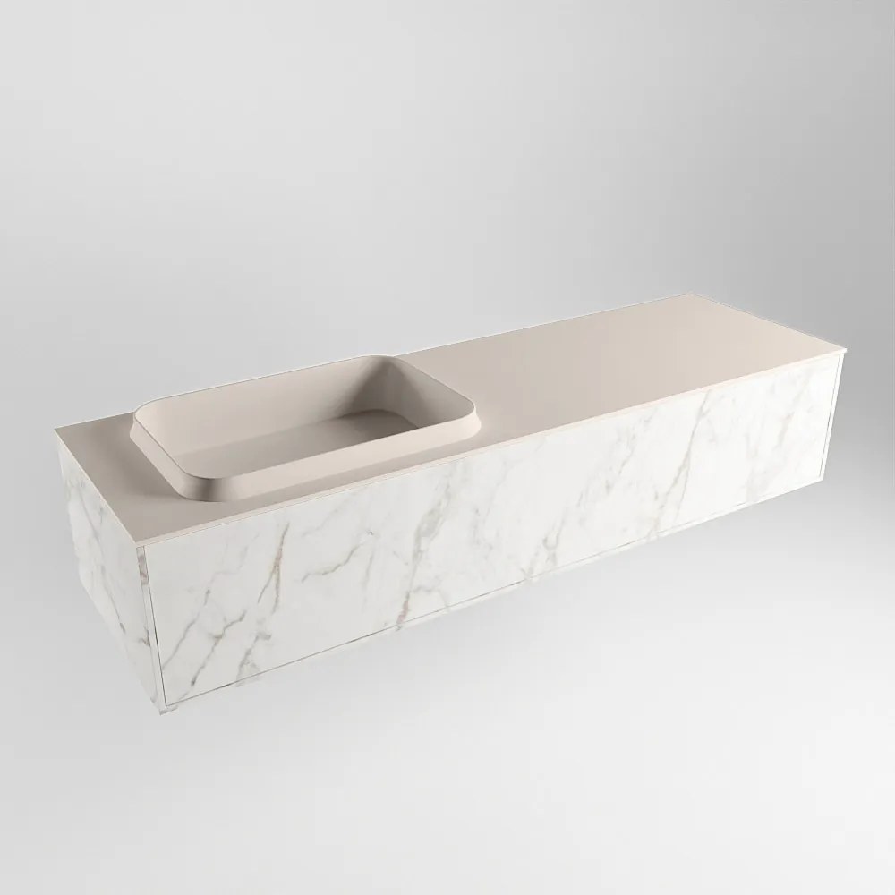 Mondiaz Erin 150cm badmeubel Carrara met 1 lade en beige wastafel links zonder kraangaten