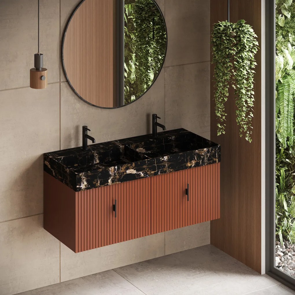 Muebles Zahora badmeubel ribbelfront 120cm terracotta met Portoro Gold wastafel met kraangaten