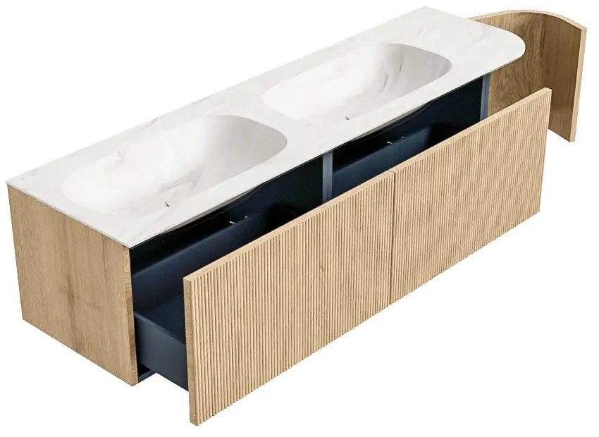 Mondiaz Kurve-dlux 165cm badmeubel ronding rechts oak met 2 lades en 1 deur en wastafel stor small dubbel/links zonder kraangat ostra