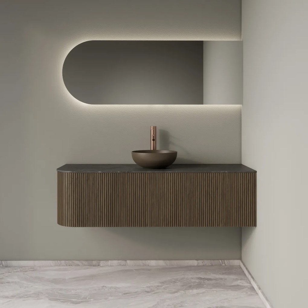 Gliss Design Alluro badmeubel ribbelfront met ronding links 140cm ash grey en zwart leisteen toppaneel