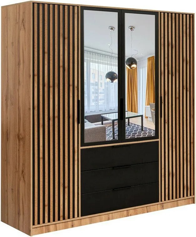 Kledingkast Collis V, Zwart, Wotan eik, 200x196x58cm, Kledingkast deuren: Met scharnieren, Aantal planken: 8, Aantal planken: 8