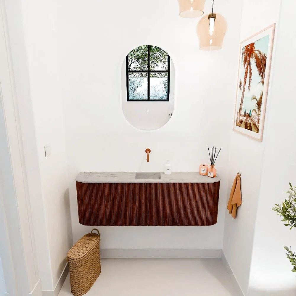 Mondiaz Joya DLux 125cm toiletmeubel ronding links/rechts ruby met wastafel faye midden zonder kraangat glace