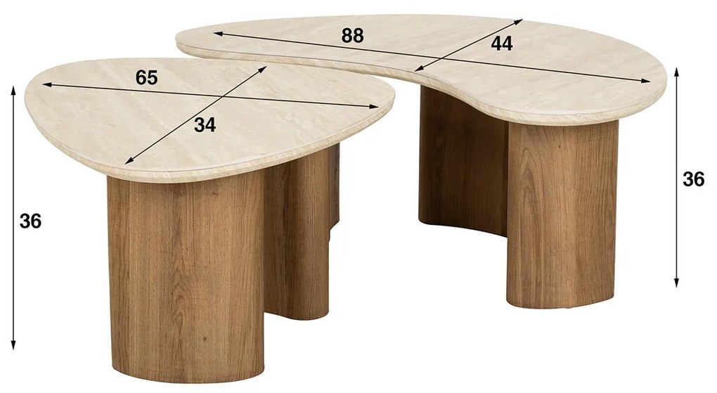 Salontafelset Organisch Hout En Travertin - 88 X 84cm.