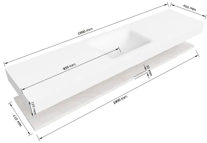 Zaro Alan badmeubel 190cm met planchet washed oak en vrijhangende wastafel cloud midden 1 kraangat talc