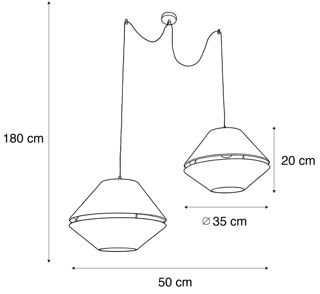 Hanglamp zwart met dubbele velours lampenkap groen met gouden binnenkant 2-lichts - Cava Luxe