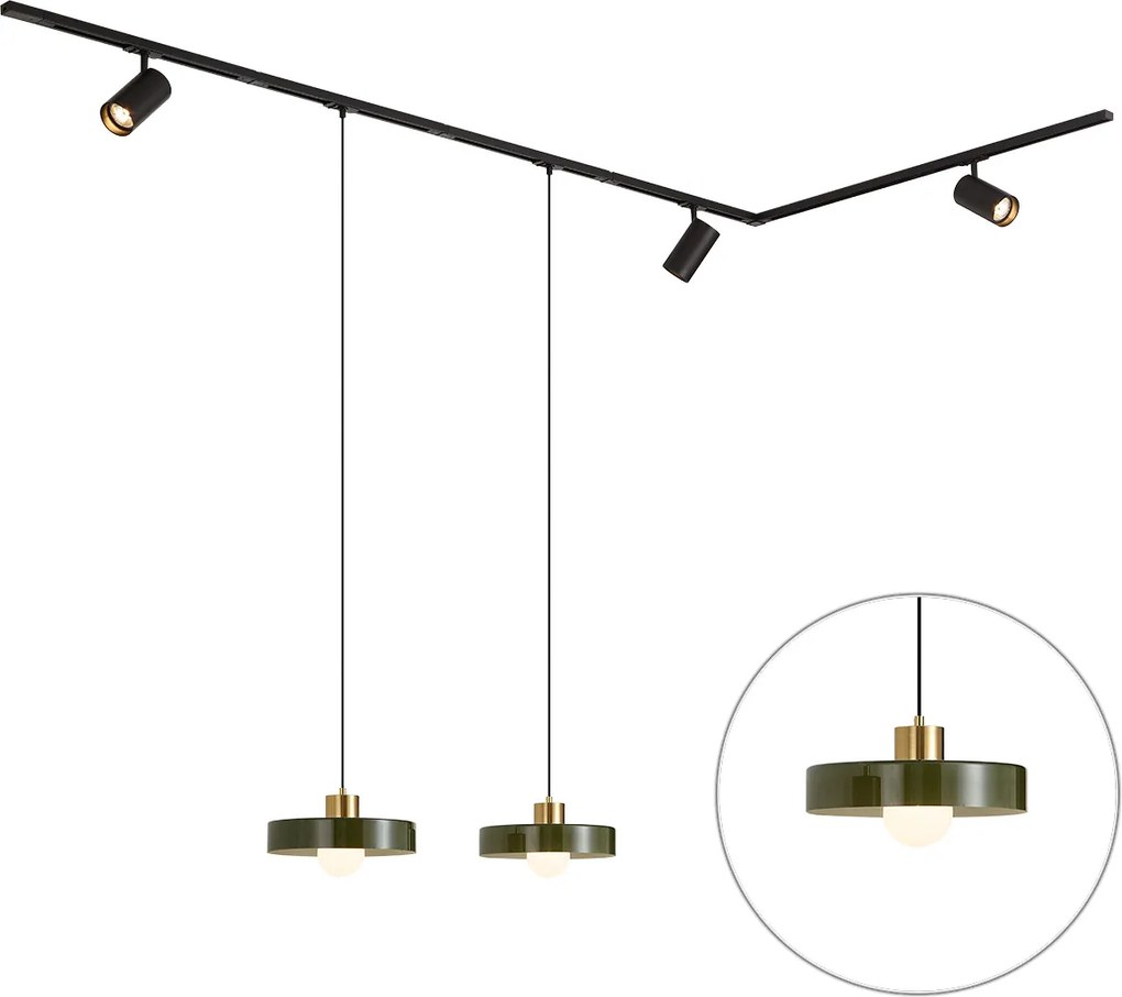 Modern railsysteem zwart met 2 hanglampen groen en 3 spots 1-fase - Iconic Jeana Luxe Jina