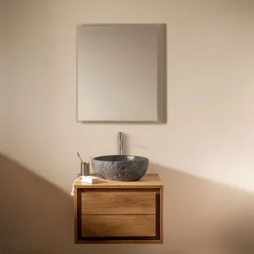 Jabari Zwevend Badkamermeubelset Van Teakhout Teakhout & Onregelmatige In Zwart Cement ↔︎40 Cm Fedro & Rechthoekige Led En - Sklum