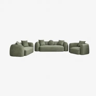 Woonkamerset Met Modulaire 3-zitsbank, 2-zitsbank En Fauteuil In Chenille Coco Chenille Saliegroen - Sklum