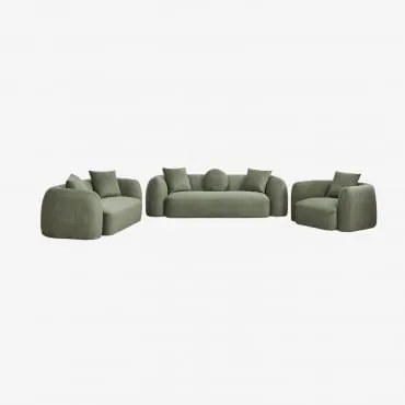 Zitkamer Set Met Modulaire 3-zitsbank, 2-zitsbank En Fauteuil In Coco Chenille Stof Chenille Groen – Salie - Sklum