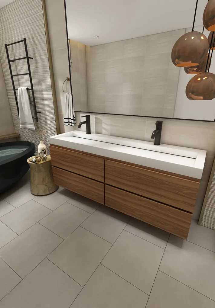 Fontana Elena badkamermeubel 160cm walnoot met solid surface wastafel 2 kraangaten