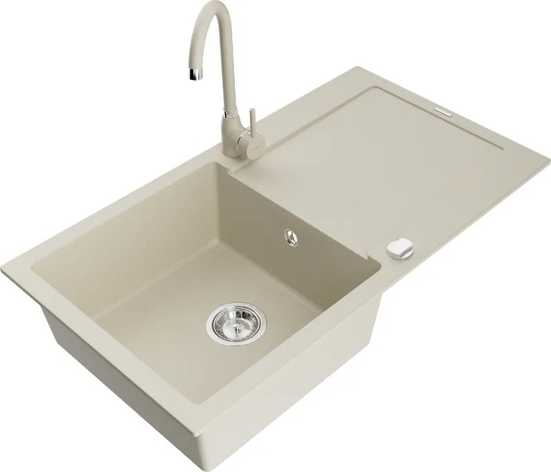 Mexen Leo granitische spoelbak 1-komorige met afdruipblad en keukenkraan Telma, beige - 6501-69-670200-69