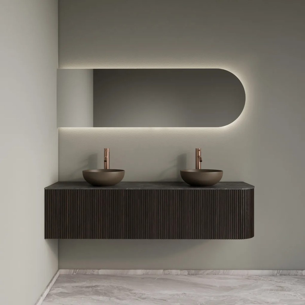Gliss Design Alluro badmeubel ribbelfront met ronding rechts 160cm ebony en zwart leisteen toppaneel