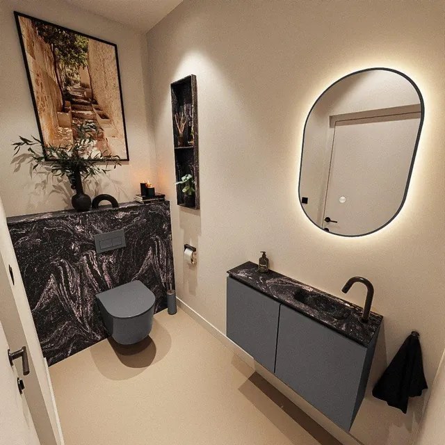 MONDIAZ TURE-DLUX 80cm toiletmeubel Dark Grey. EDEN wastafel Lava positie rechts. Met 1 kraangat. TUREDX80DGRR1LAV