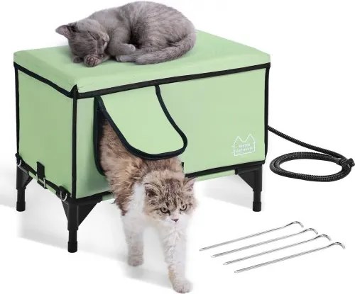VEVOR Verhoogd Verwarmd Kattenhuis, Kubusvormig Kattenhuis met Instelbare Temperatuur en Timer, Opvouwbaar Kattenhuis van 900D Oxford-stof met Verwarmd Kussen voor de Winter om het Warm en Gezellig te Houden, Groen (Midden)