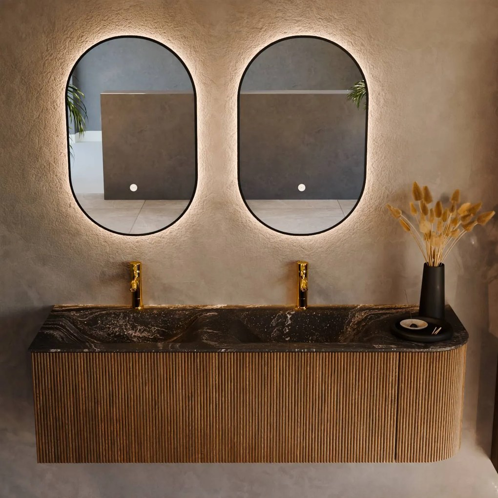 Mondiaz Kurve-dlux 145cm badmeubel ronding rechts dusk met 1 lade en deur en wastafel leaf dubbel/links 2 kraangaten lava