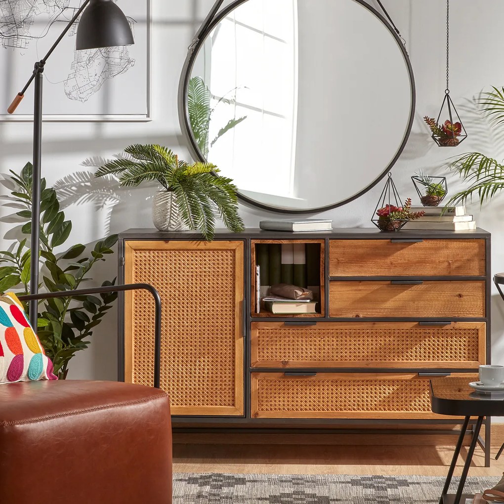 Kave Home Kyoko Rotan Webbing Dressoir Zwart Staal - 120x40x75cm.