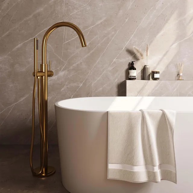 Brauer Gold Carving Staande Badkraan - handdouche staaf 1 stand - 2 carving knoppen - PVD - geborsteld goud 5-GG-262