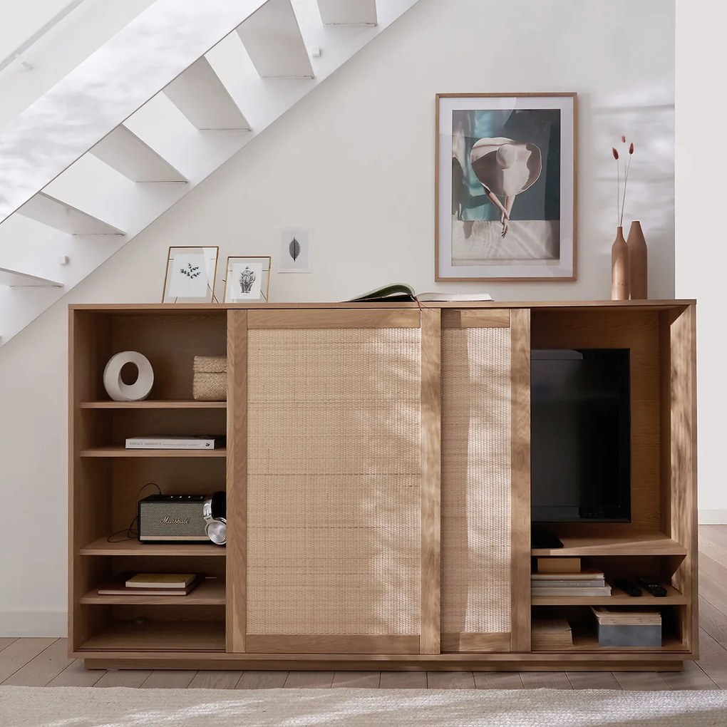 TV-meubel, eikenhout, fineer en deuren in vlechtwerk, Palano